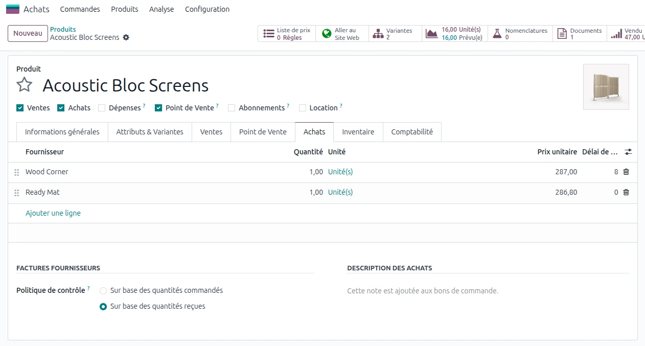 Tarifs fournisseurs Odoo